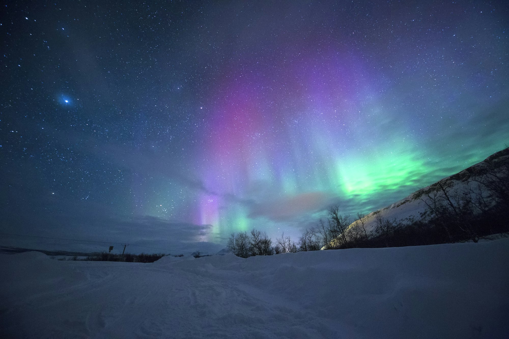 Nordlys over snødekt landskap